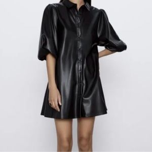 ZARA Black Faux Leather Button Down Collared Balloon Sleeve Dress